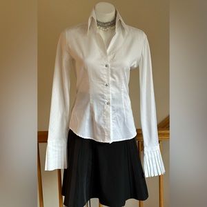 Farinaz Taghavi Luxury White Pin Stripes Blouse Cotton 3 Rhinestone Button Sz 4